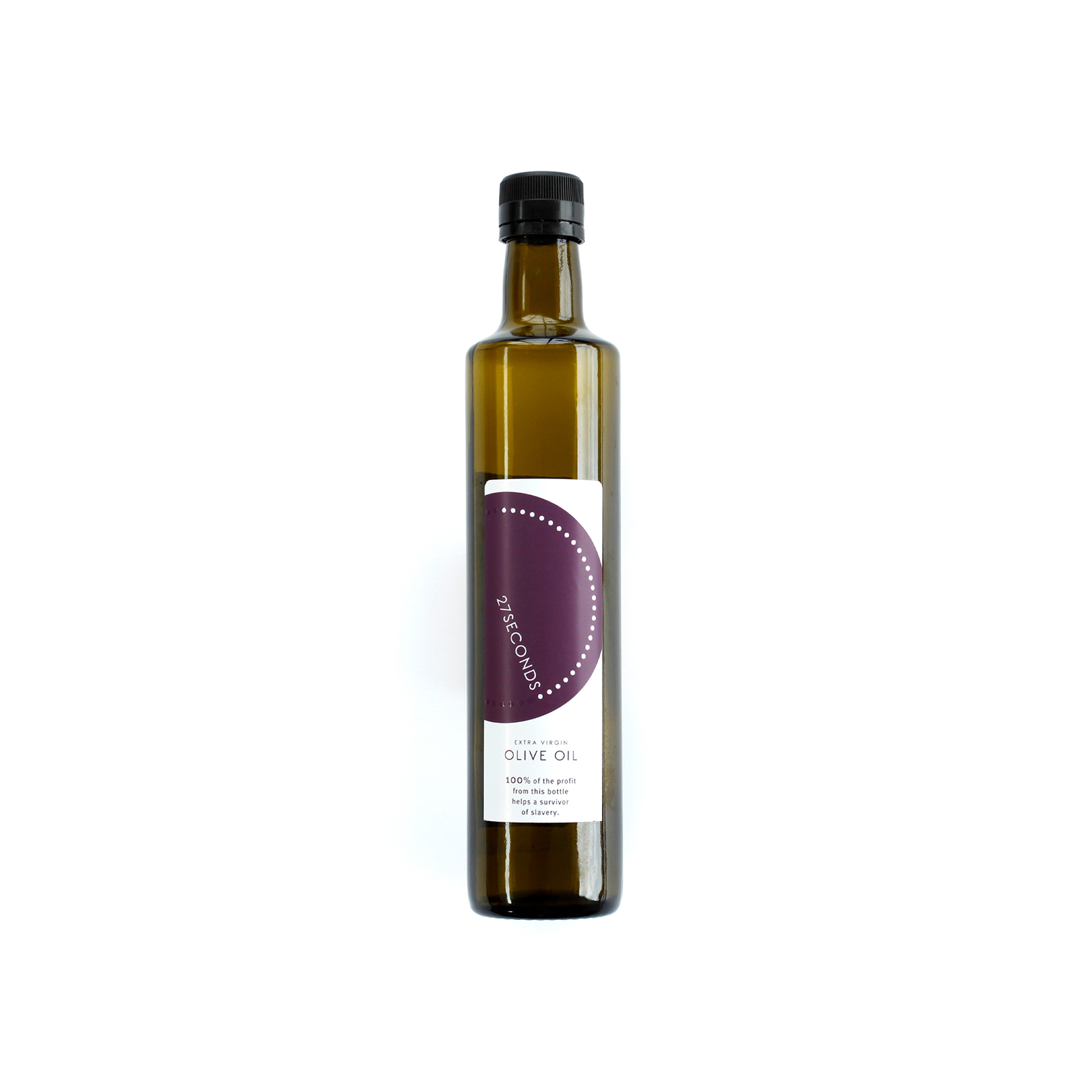 A bottle of NZ made Extra Virgin Olive Oil. A purple label on white background.